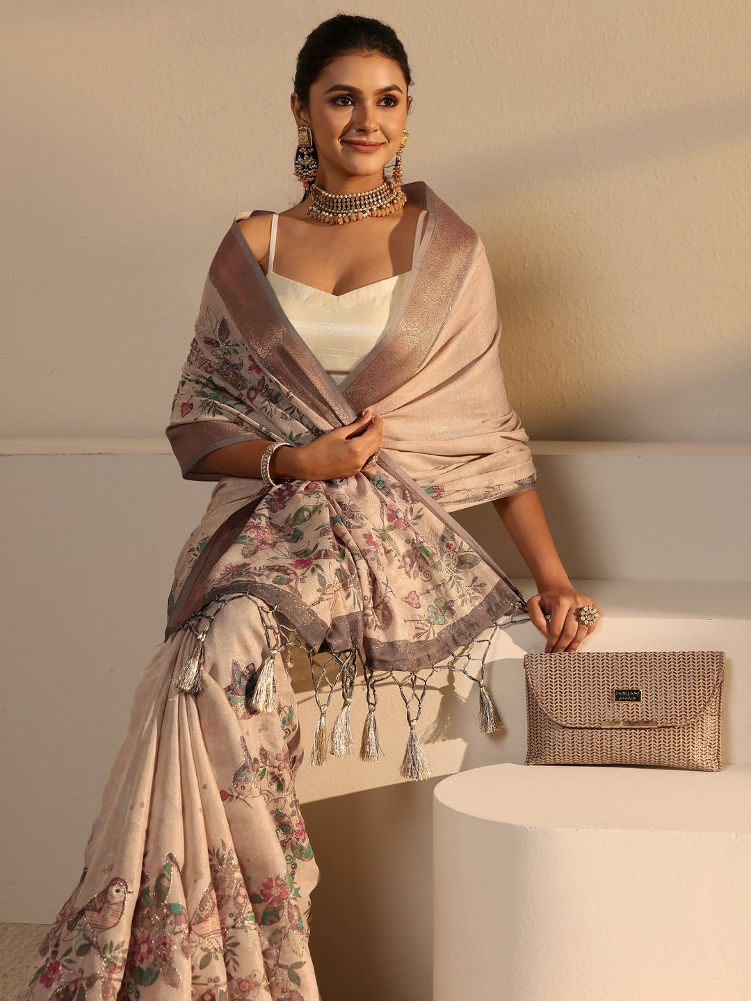 Libas Beige Floral Printed Silk Blend Tassel Saree with Woven Border
