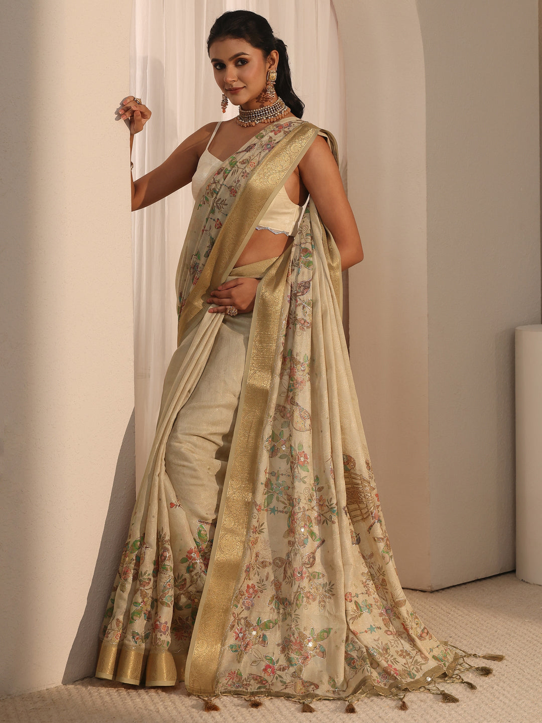 Libas Beige Floral Printed Silk Blend Tassel Saree with Woven Border