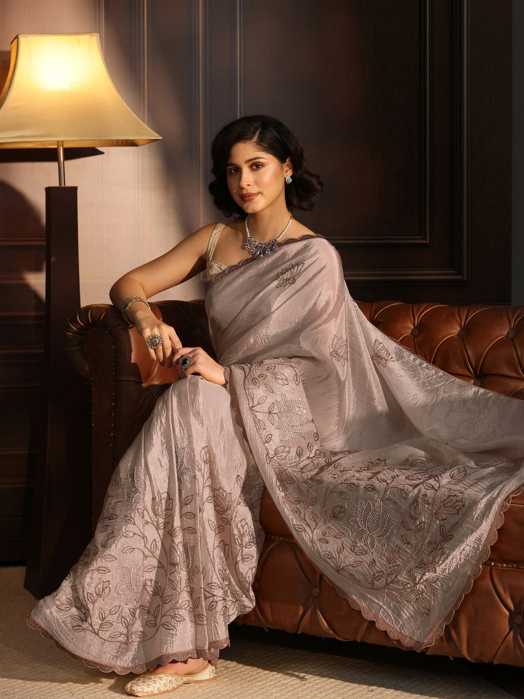 Libas Beige Floral Sequince Embroidered Saree With Blouse Piece