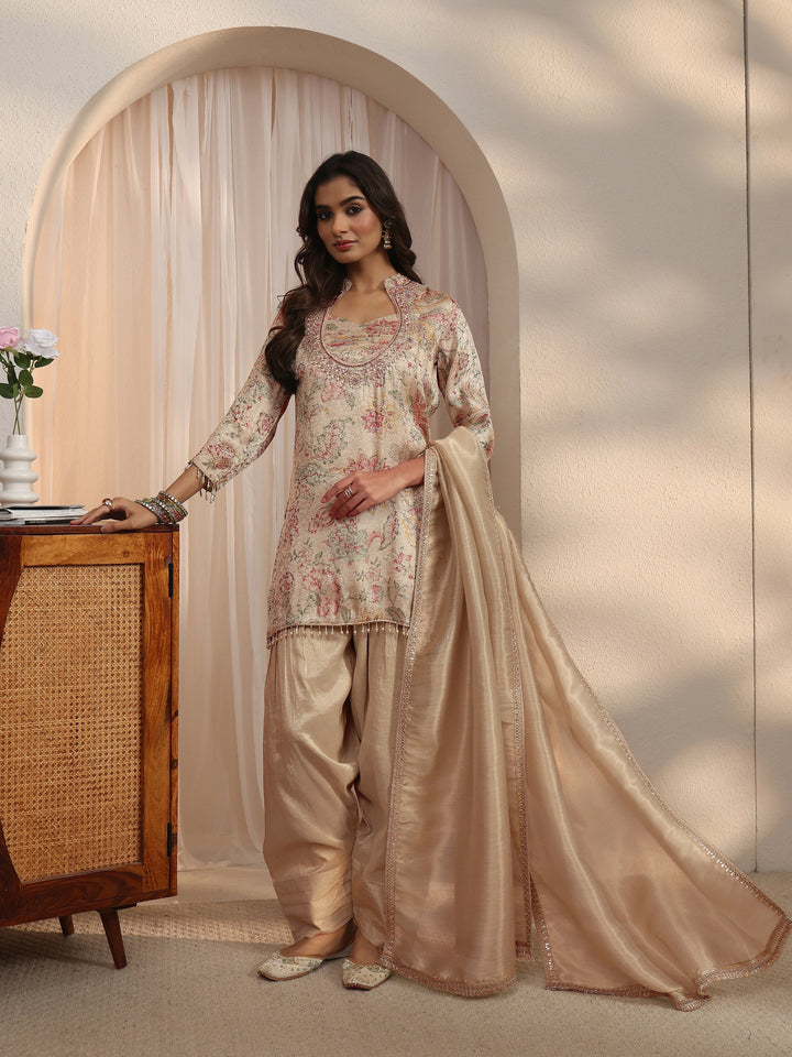 Libas Beige Floral Woven Design Silk Blend Farshi Salwar Suit
