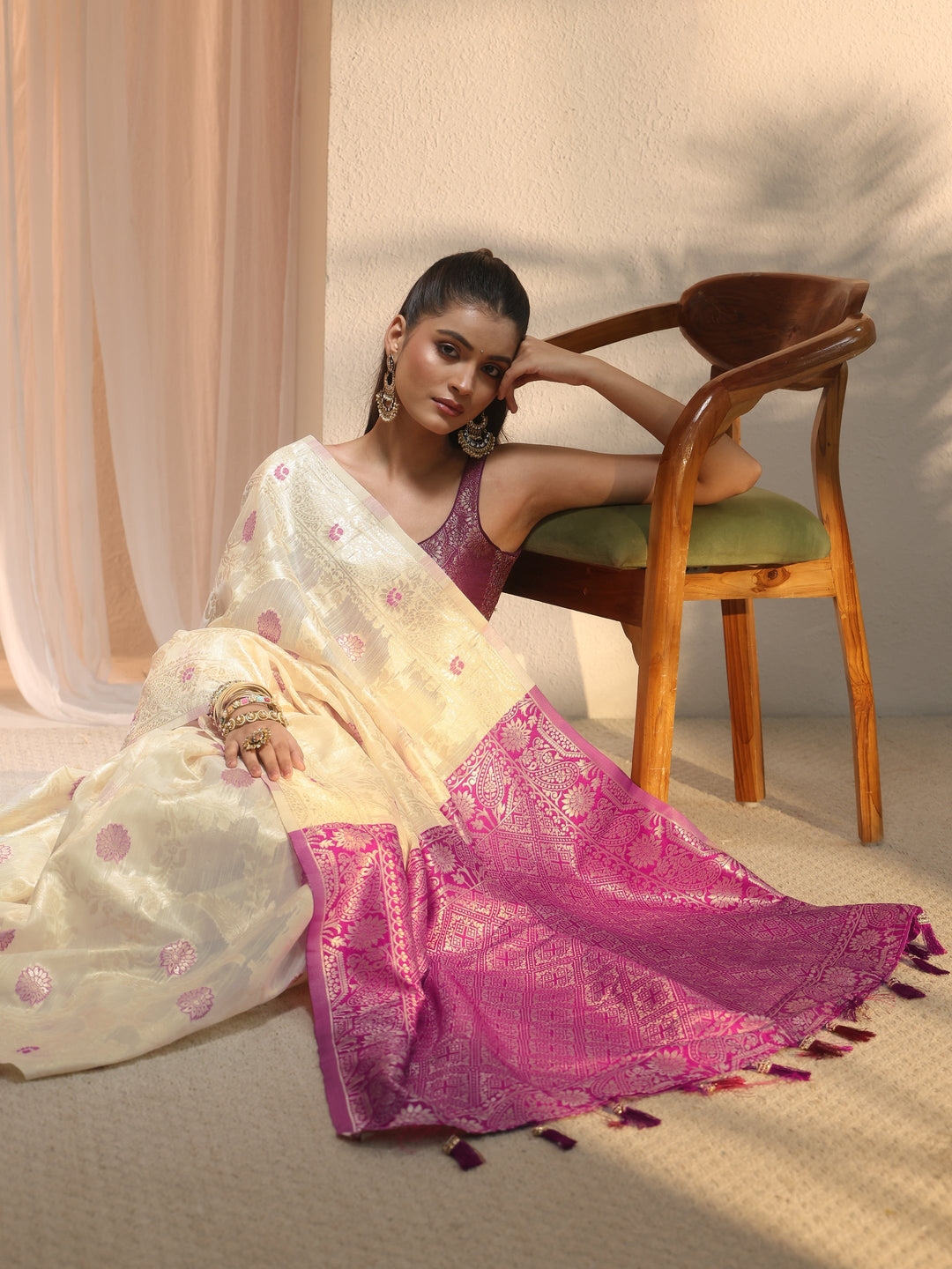 Libas Beige Floral Woven Design Silk Blend Saree