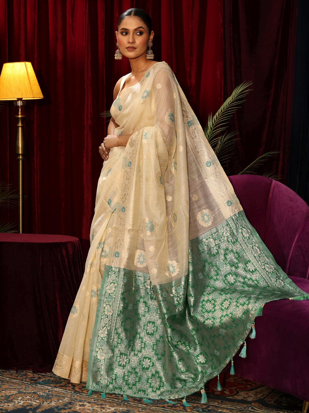 Libas Beige Floral Woven Design Silk Blend Saree