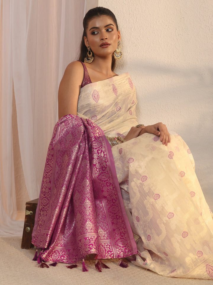 Libas Beige Floral Woven Design Silk Blend Saree