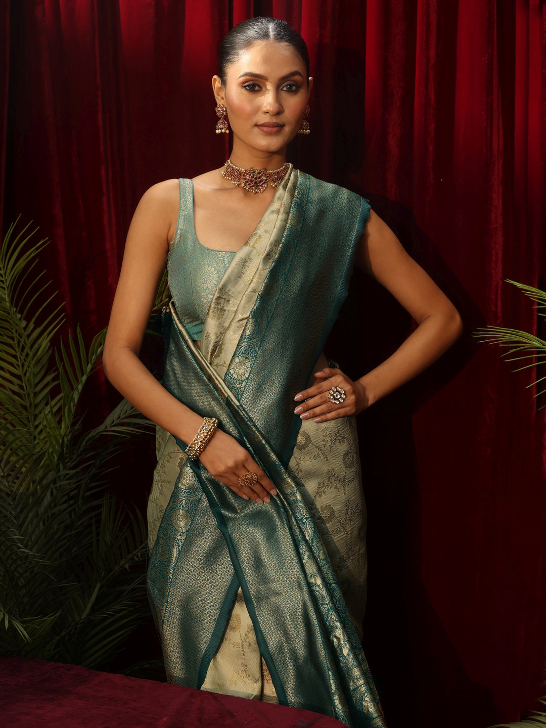 Libas Beige Floral Woven Design Silk Blend Saree