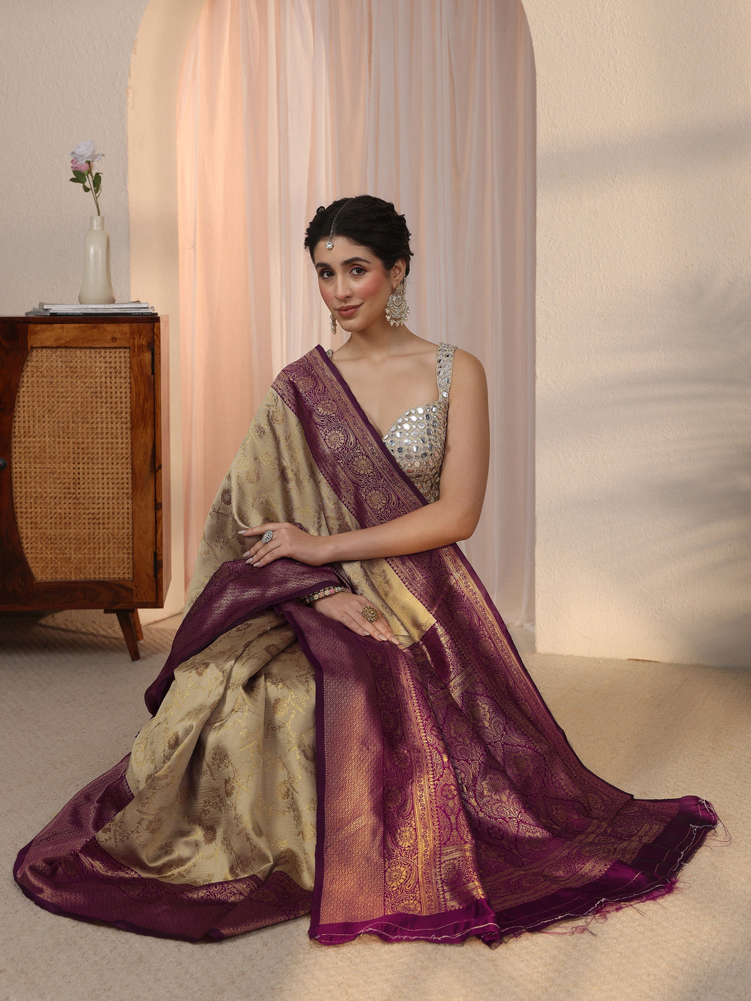 Libas Beige Floral Woven Design Silk Blend Saree