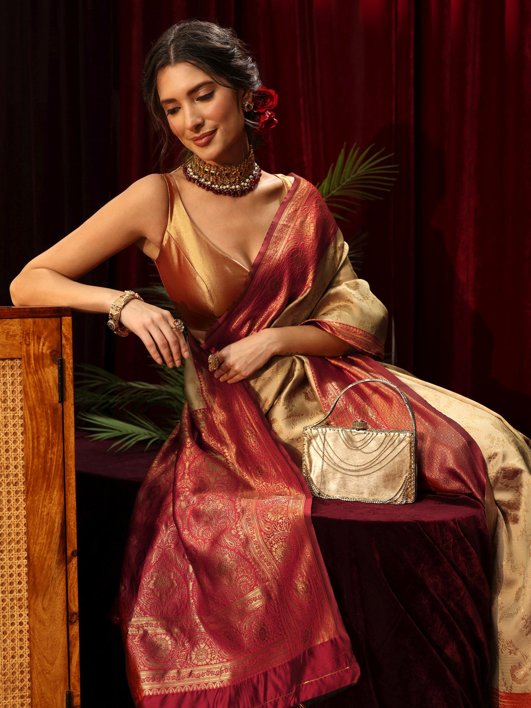 Libas Beige Floral Woven Design Silk Blend Saree