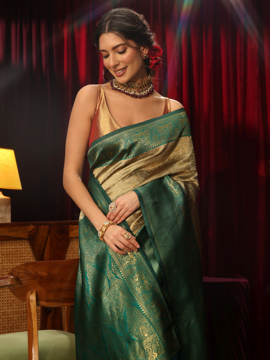 Libas Beige Floral Woven Design Silk Blend Saree