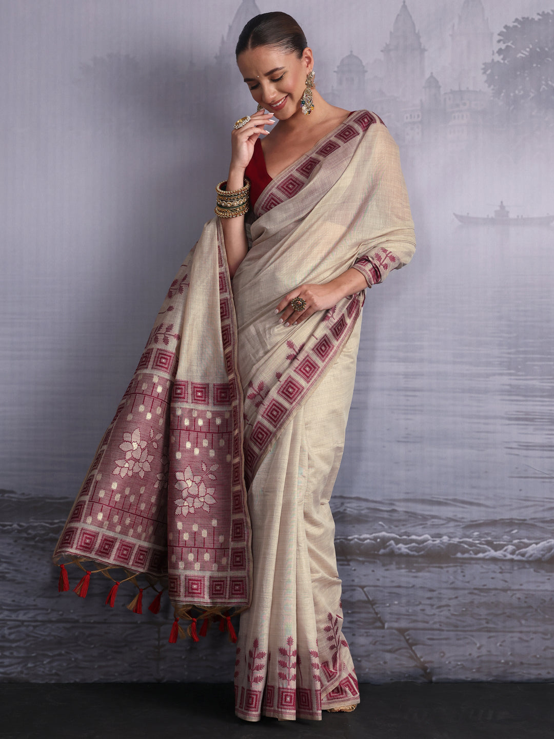 Libas Beige Floral Woven Design Silk Blend Saree