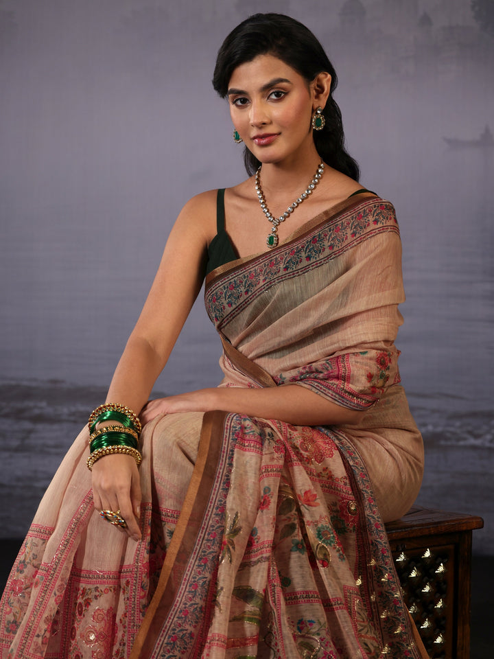 Libas Beige Flower and Parrot Printed Silk Blend Tassel Saree