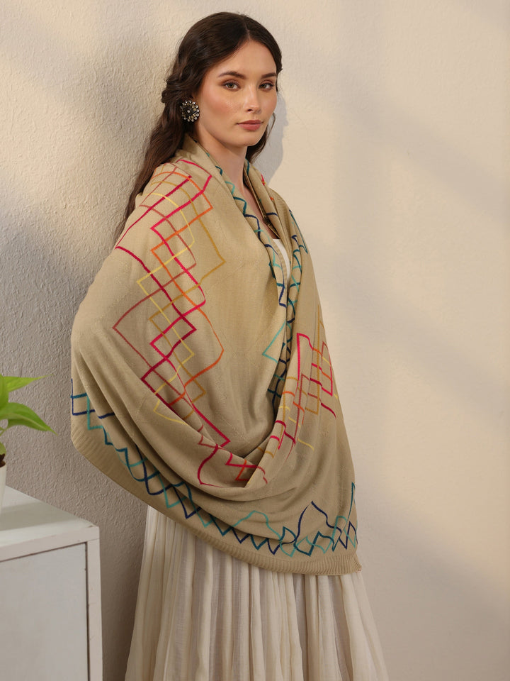 Libas Beige Geometric Embroidered Acrylic Wrap Shawl