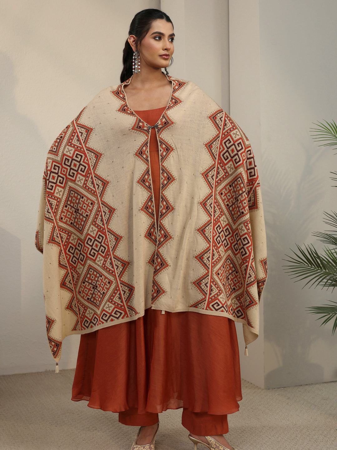 Libas Beige Geometric Knitted Acrylic Wrap Shawl
