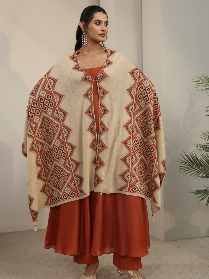 Libas Beige Geometric Knitted Acrylic Wrap Shawl