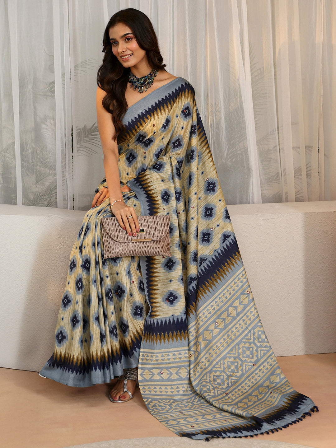 Libas Beige Ikat Printed Cotton Blend Saree