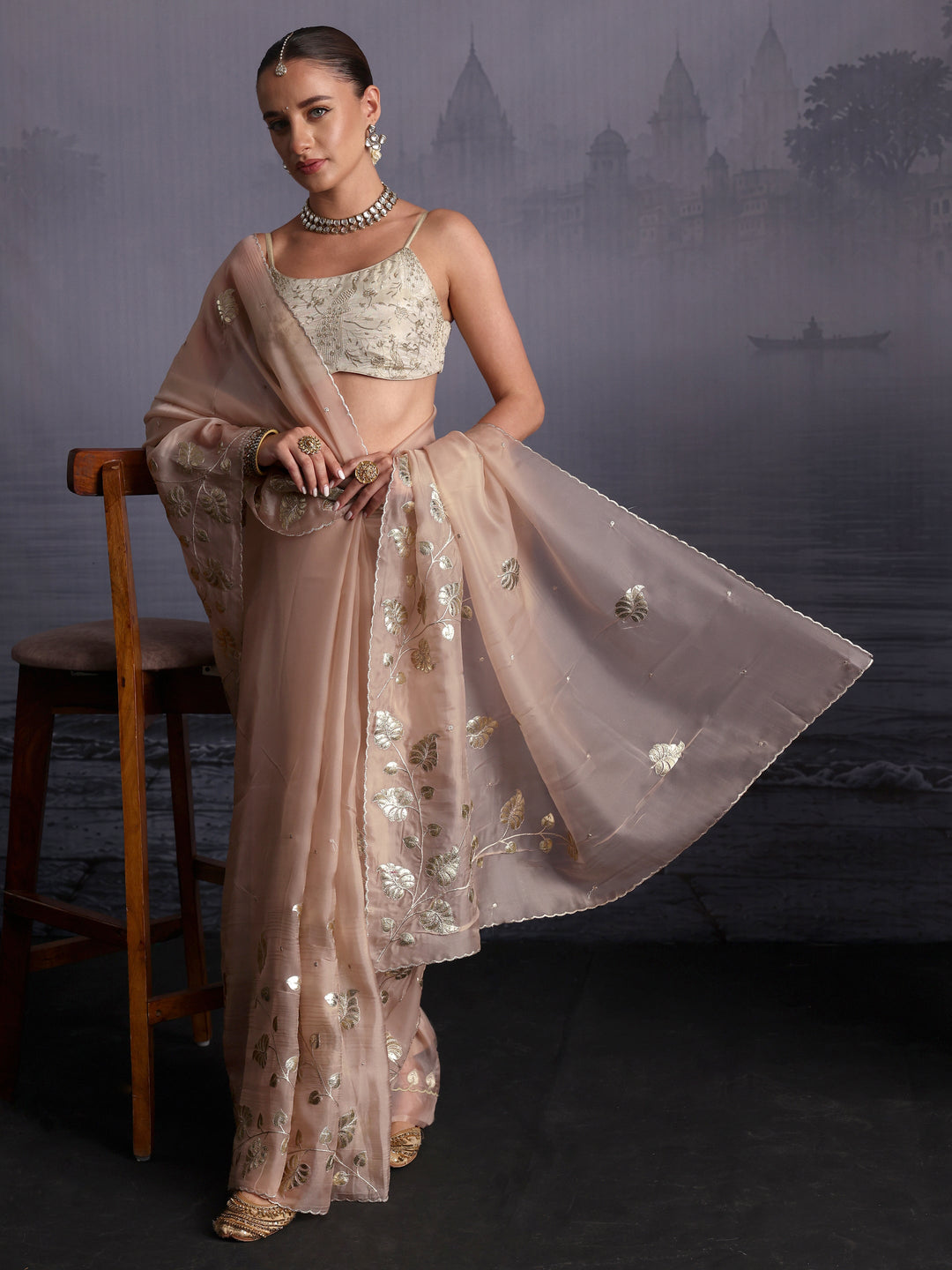 Libas Beige Leafy Sequin Embellished Tissue Saree