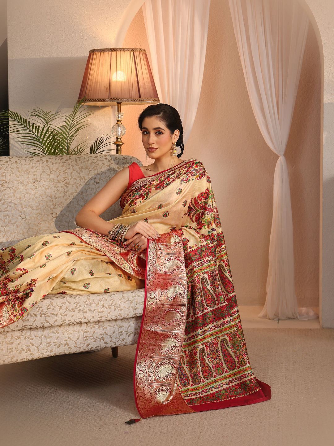 Libas Beige Paisley Printed Silk Blend Saree with Woven Border