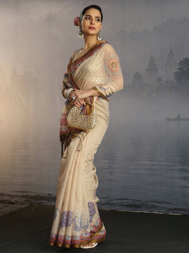 Libas Beige Peacock Printed Silk Blend Tassel Saree