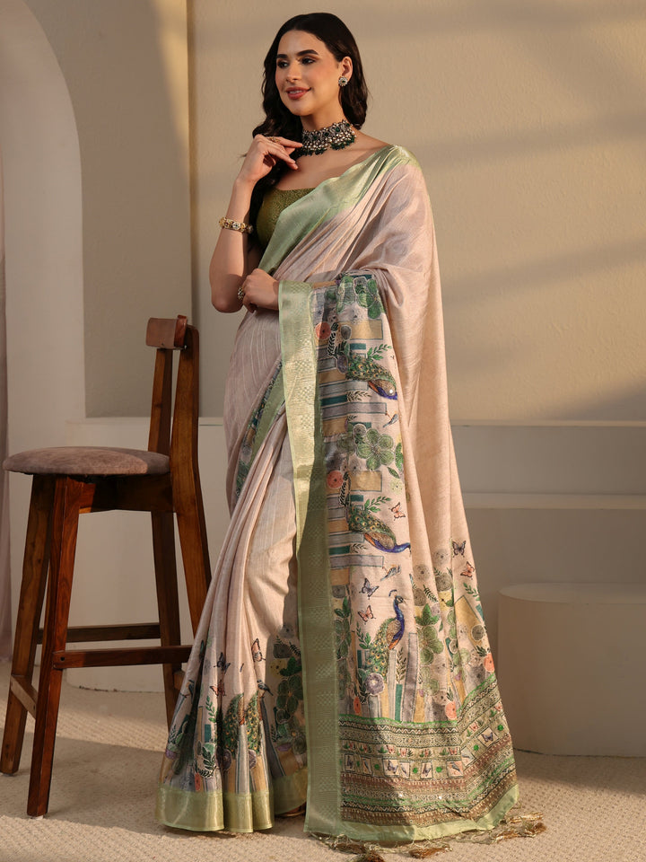 Libas Beige Peacock Silk Blend Tassel Saree with Woven Border