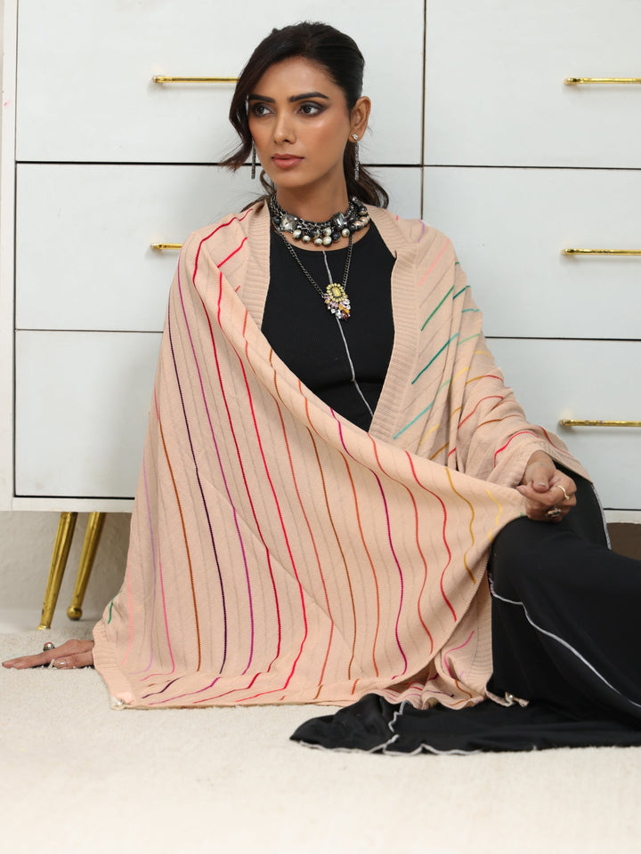 Libas Beige Striped Knitted Acrylic Shawl