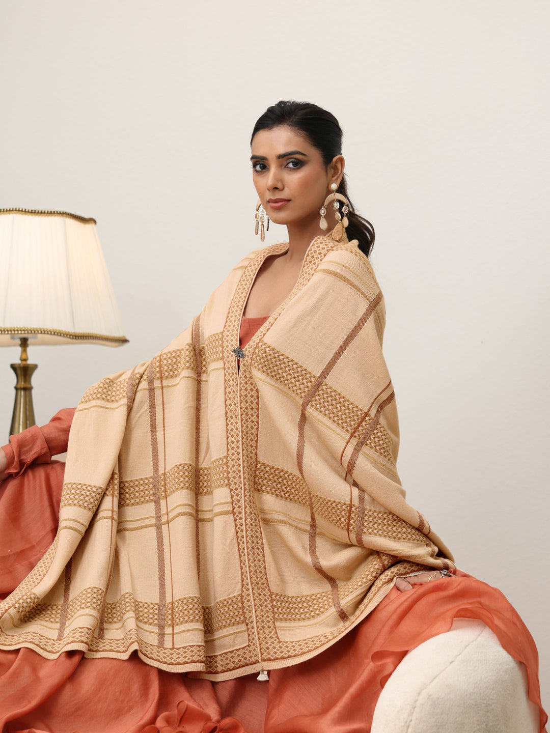 Libas Beige Striped Knitted Acrylic Wrap Shawl