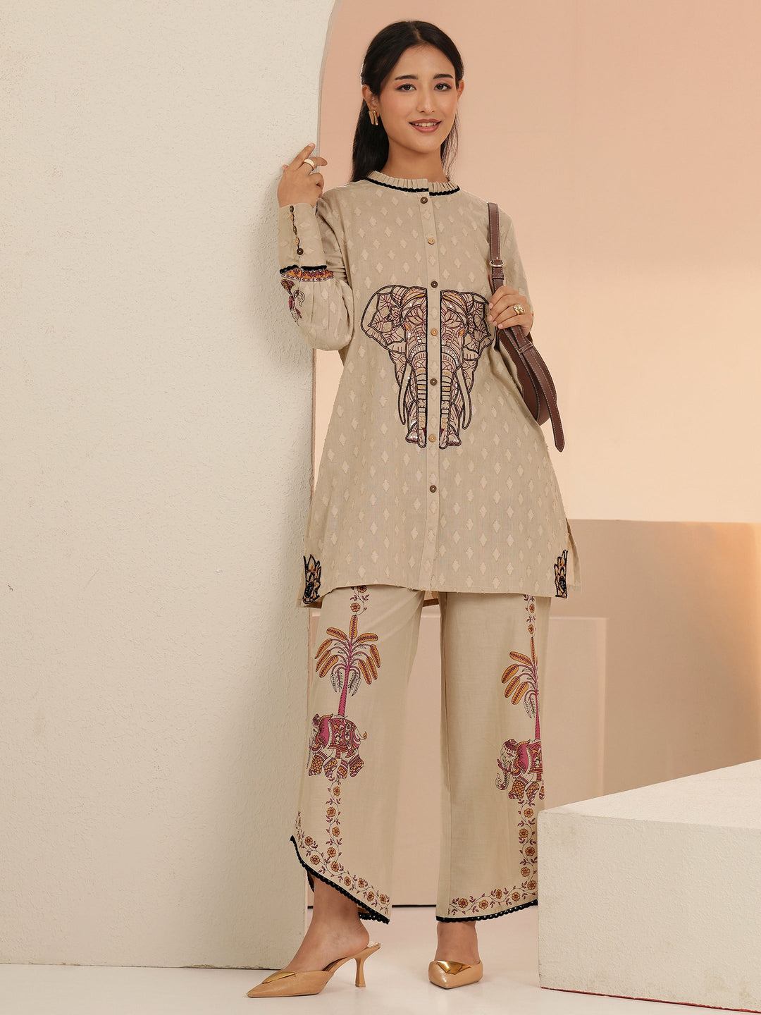 Libas Beige Tribal Woven Design Cotton Blend A-Line Co-Ord Set
