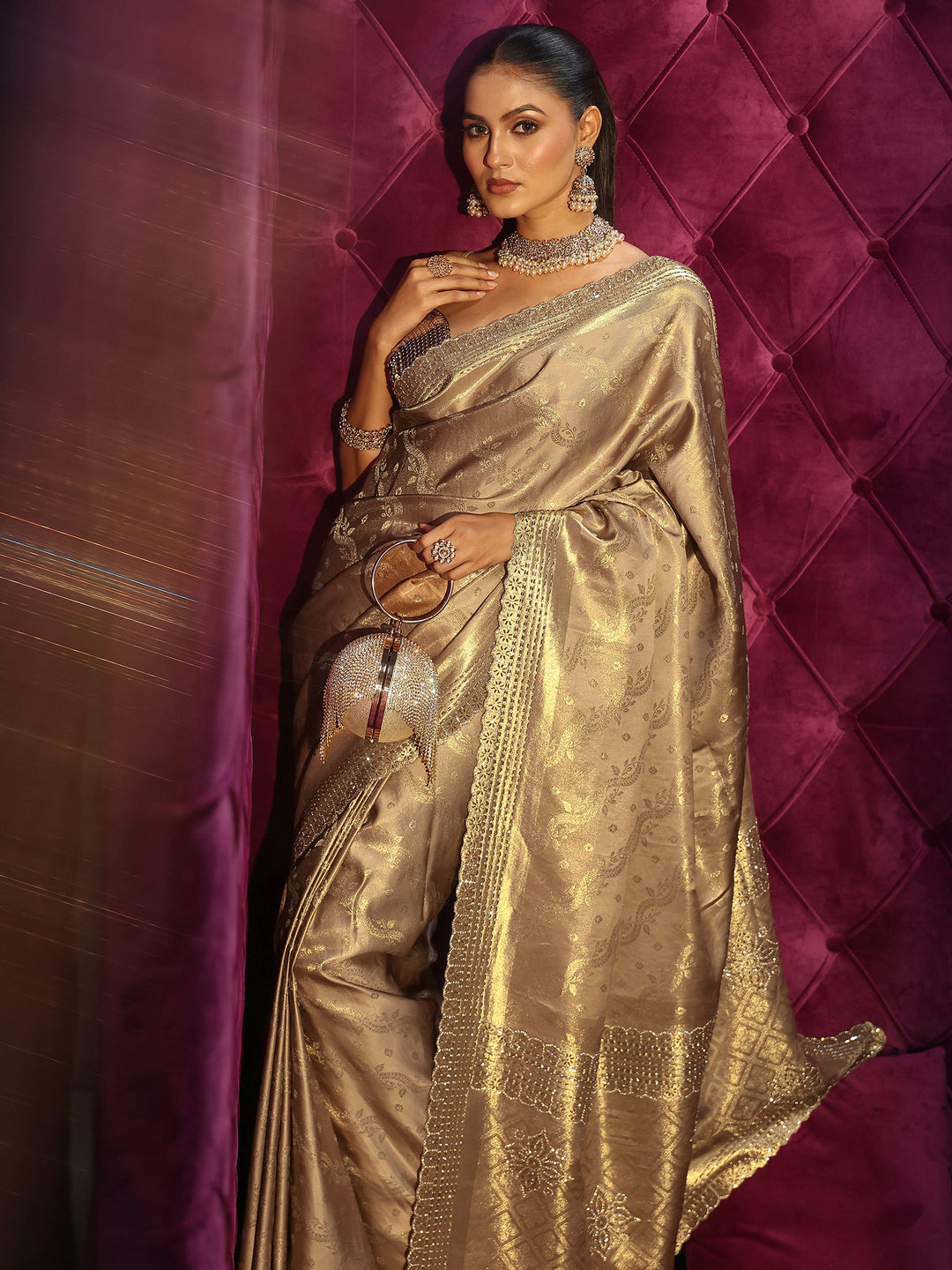 Libas Beige Woven Design Satin Saree with Embellishments
