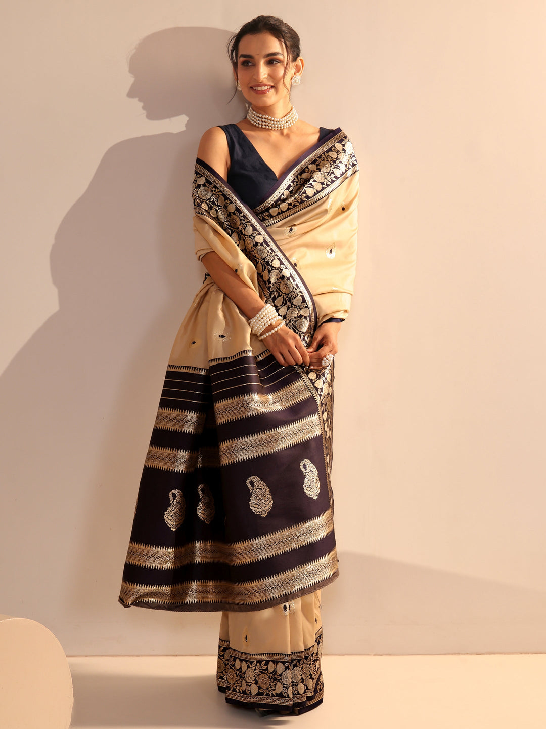 Libas Beige Woven Design Silk Blend Saree