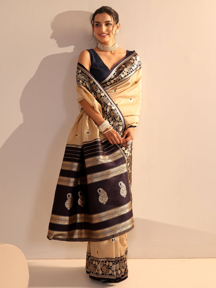 Libas Beige Woven Design Silk Blend Saree
