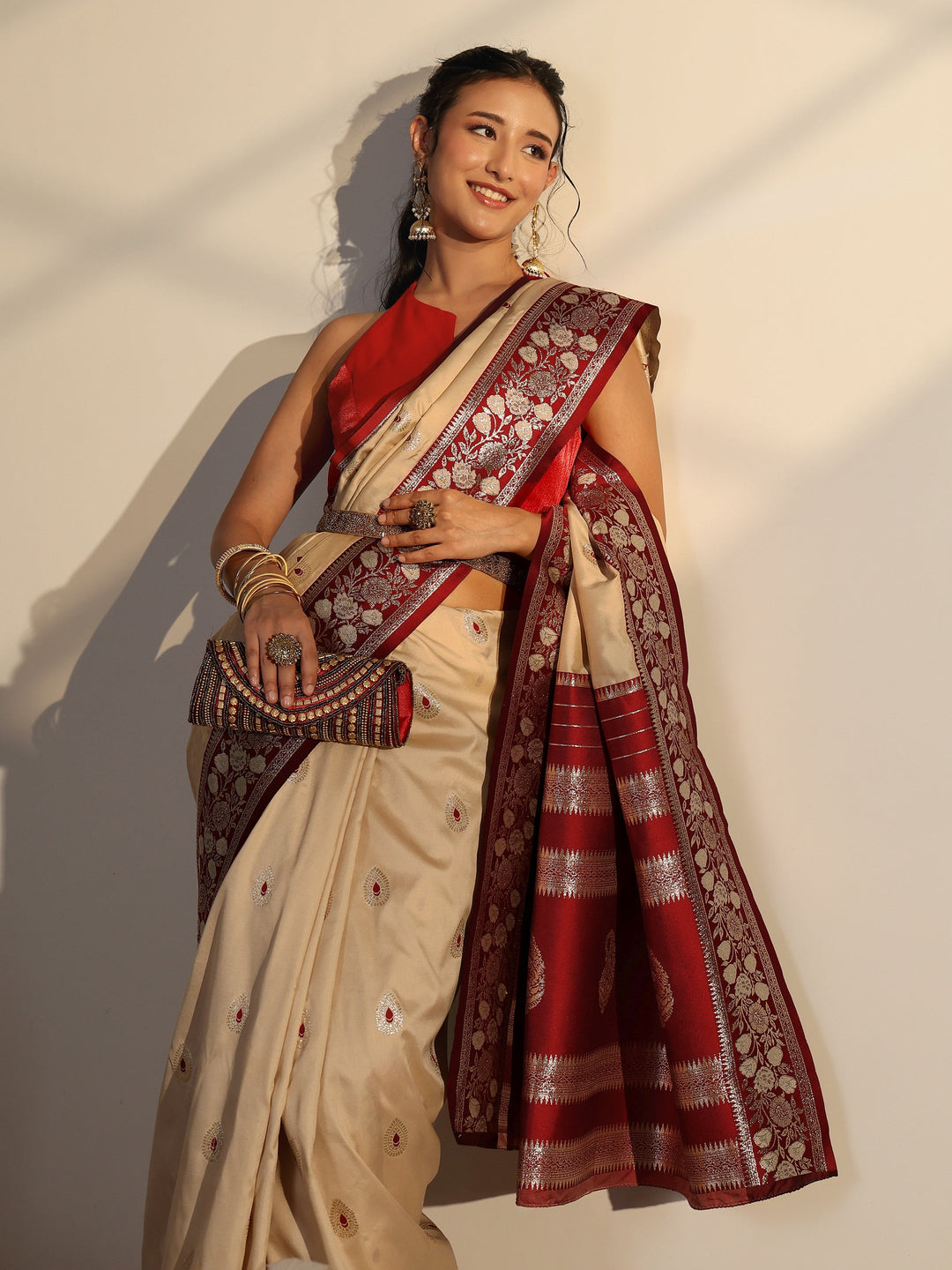 Libas Beige Woven Design Silk Blend Saree