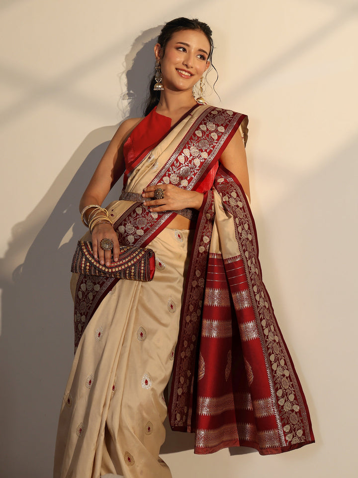 Libas Beige Woven Design Silk Blend Saree