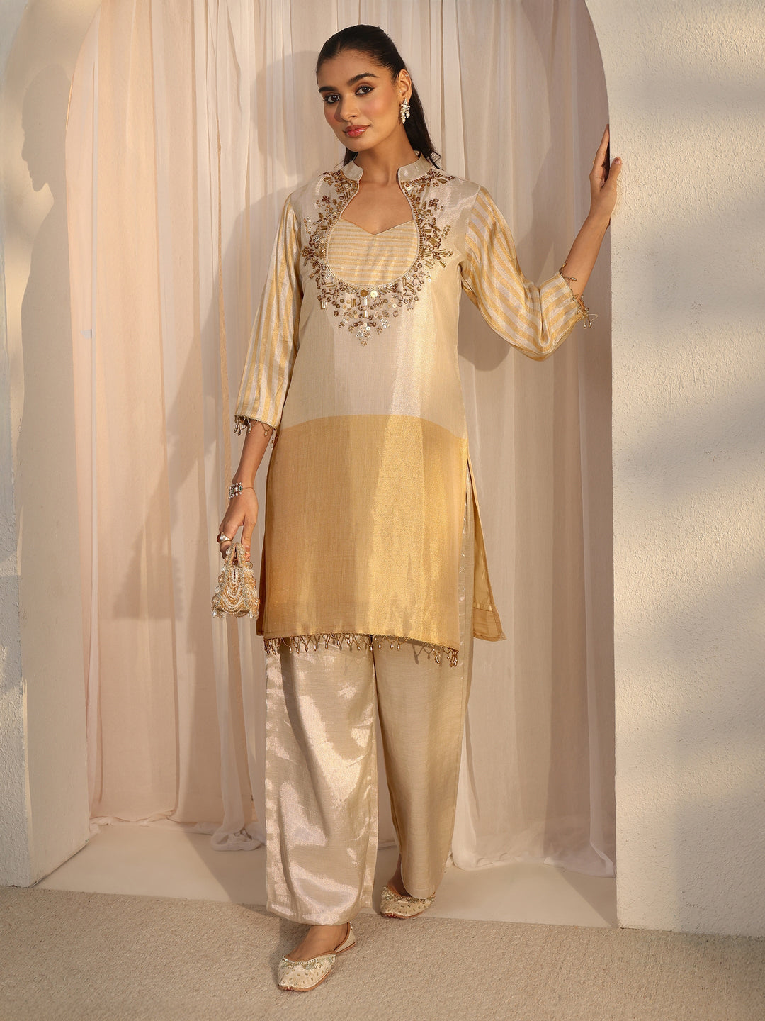 Libas Beige Yoke Design Embellished Silk Blend Co-Ord Set