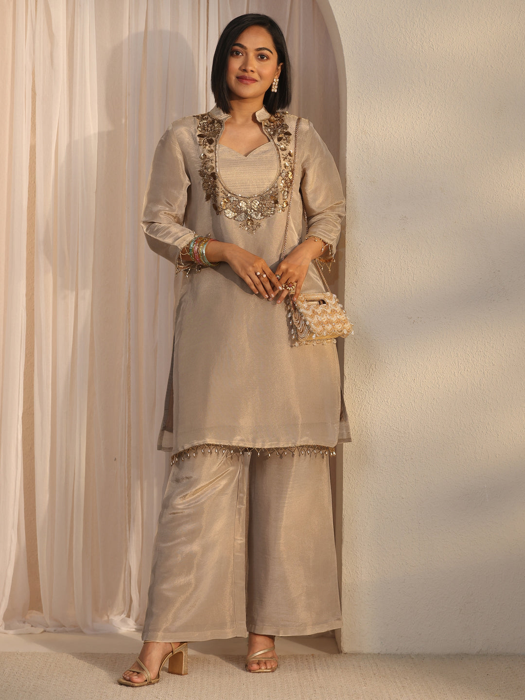 Libas Beige Yoke Design Embellished Tissue Co-Ord Set