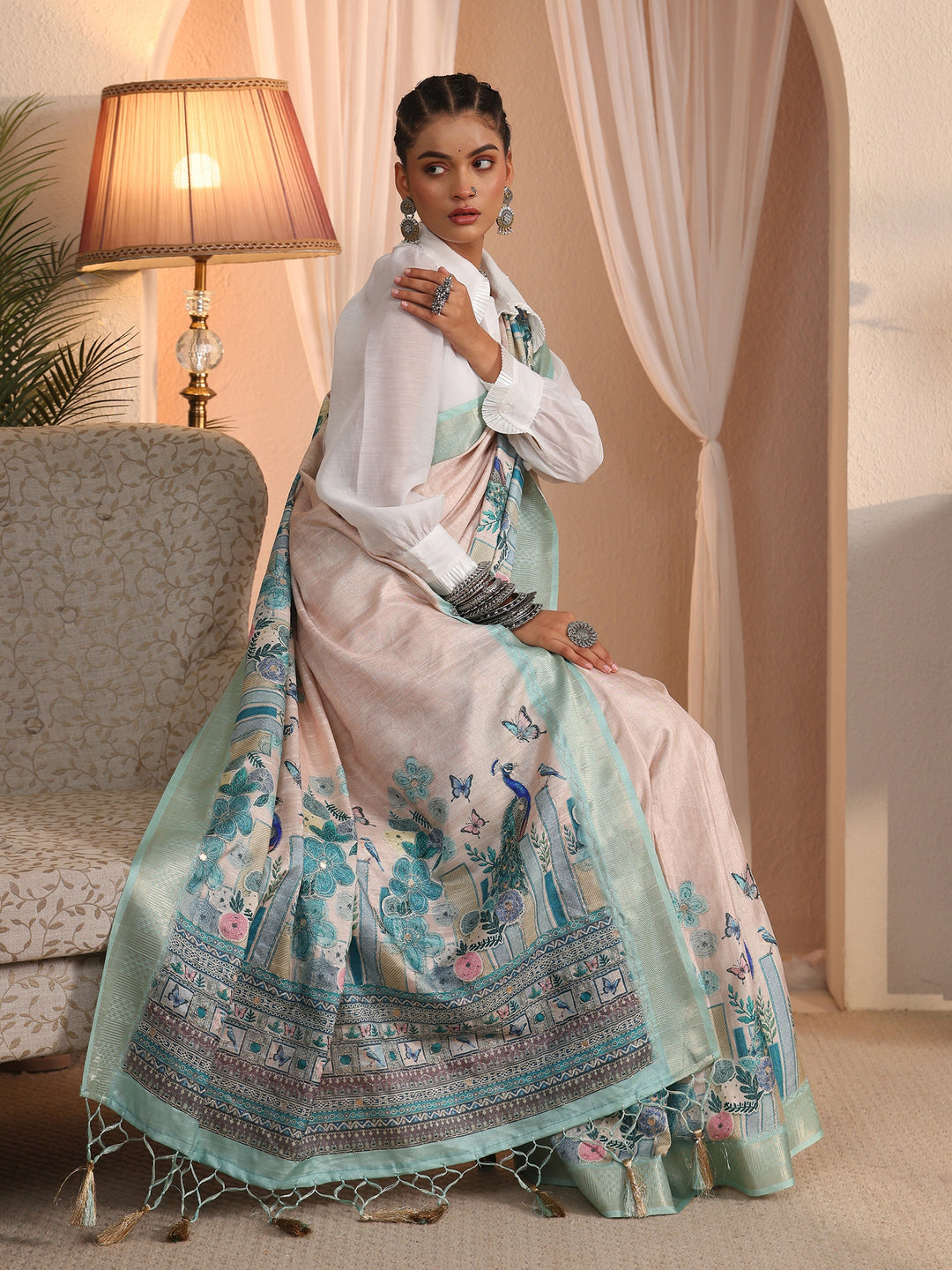 Libas Beige and Blue Printed Silk Blend Tassel Saree