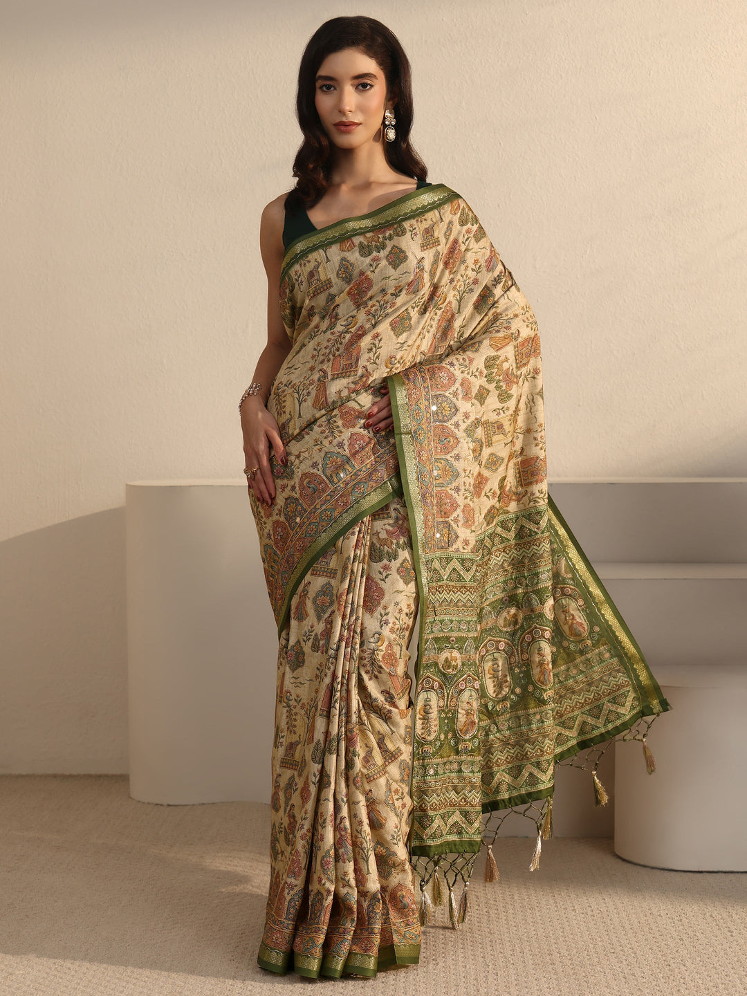 Libas Beige and Green Ethnic Printed Silk Blend Tassel Saree