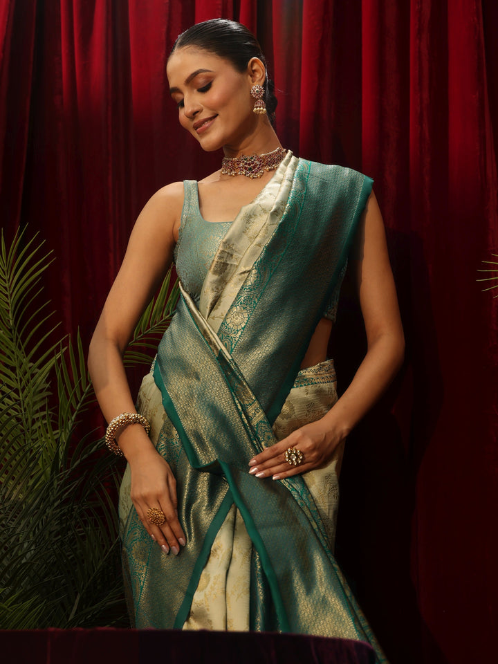 Libas Beige and Green Floral Woven Design Silk Blend Saree