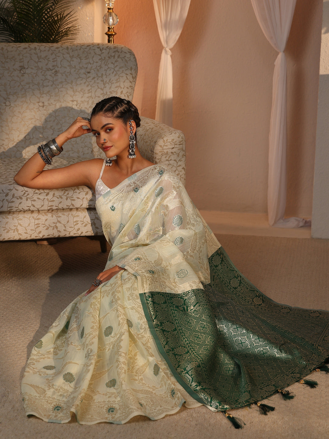 Libas Beige and Green Floral Woven Design Silk Blend Tassel Saree