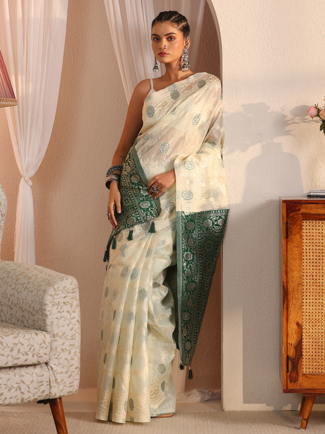 Libas Beige and Green Floral Woven Design Silk Blend Tassel Saree