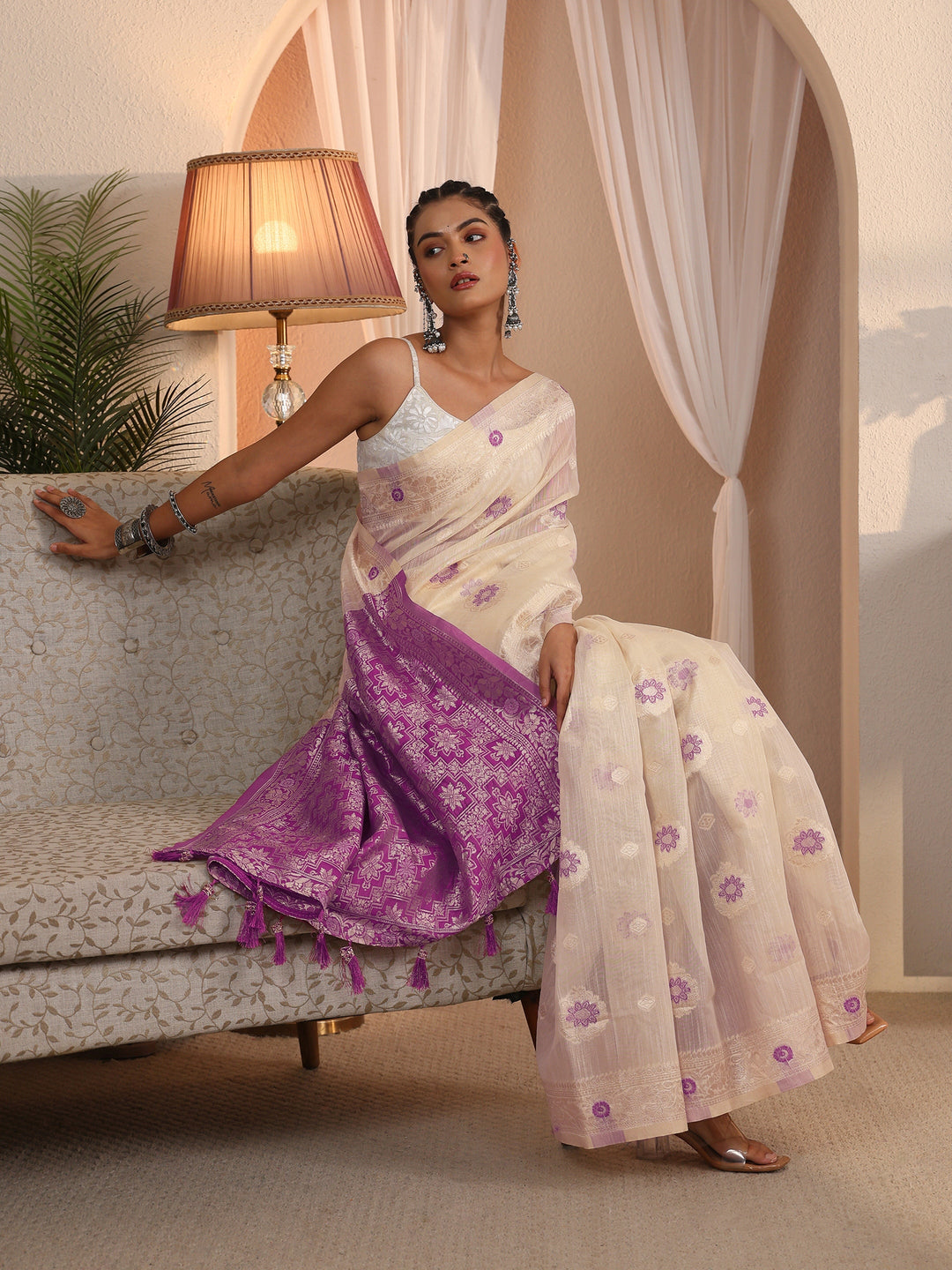 Libas Beige and Lavender Floral Woven Design Silk Blend Tassel Saree
