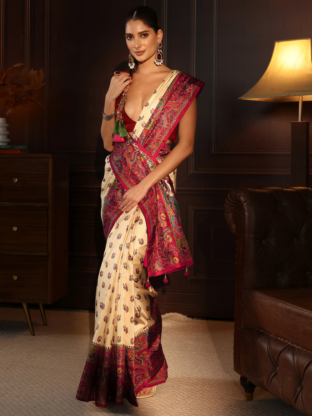 Libas Beige and Maroon Peacock Printed Silk Blend Saree