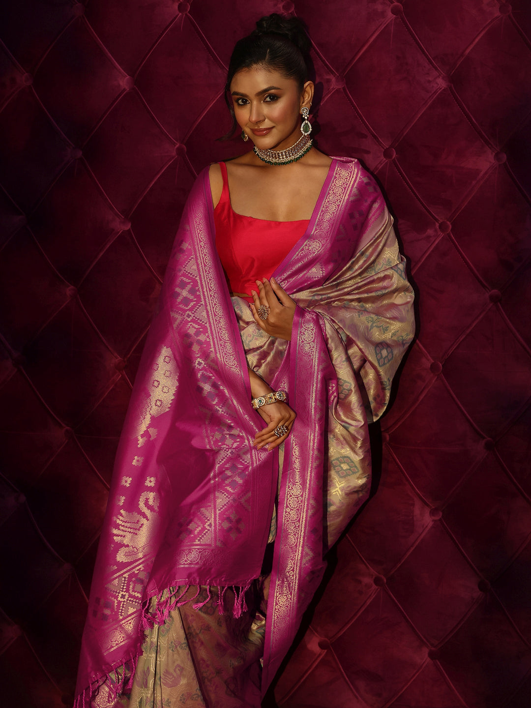 Libas Beige and Pink Patola Silk Blend Saree