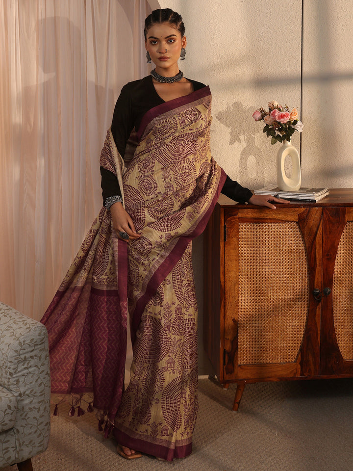 Libas Beige and Purple Warli Printed Silk Blend Tassel Saree