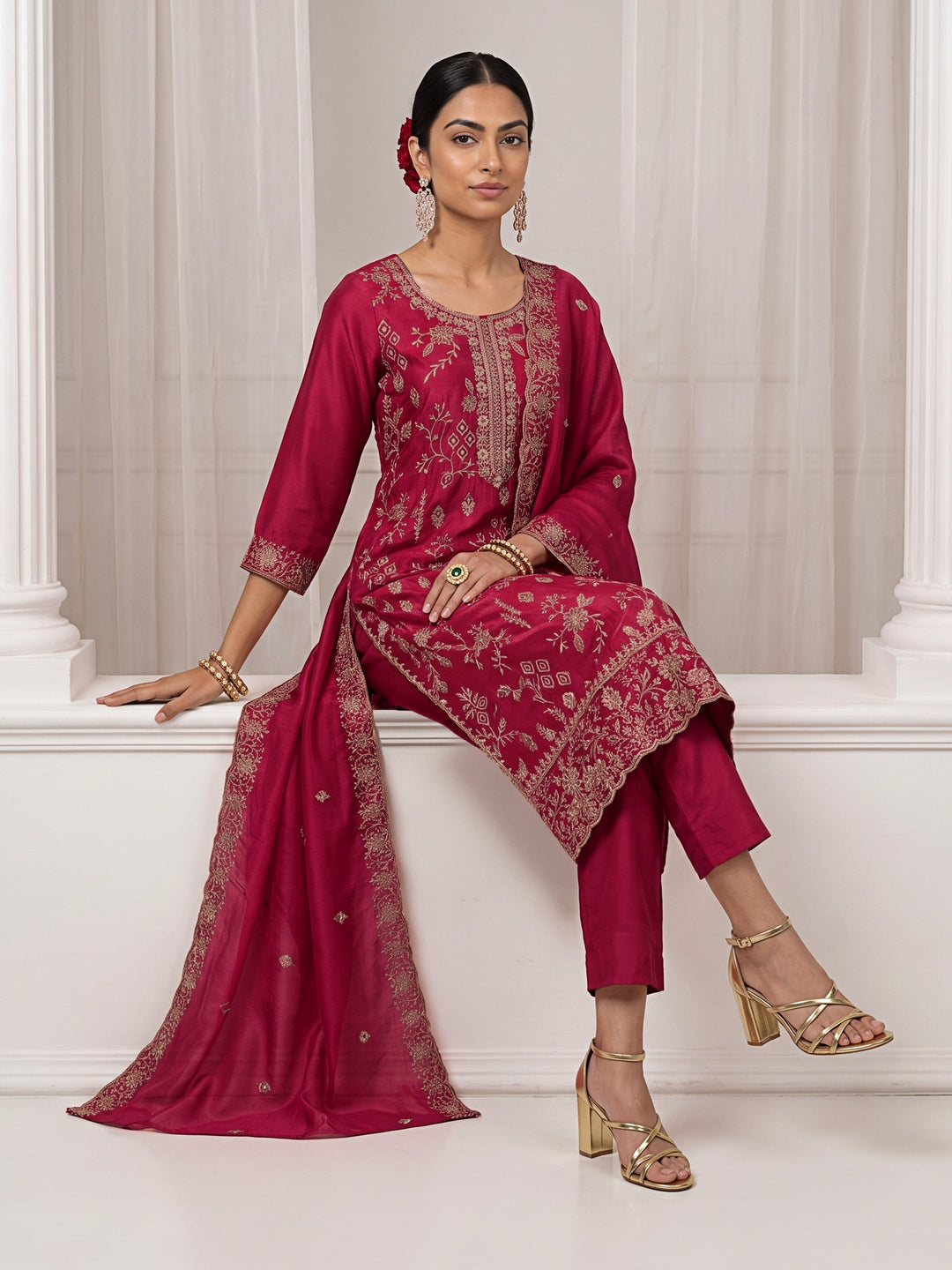 Libas Berry Pink Floral Embroidered Silk Blend Straight Suit Set