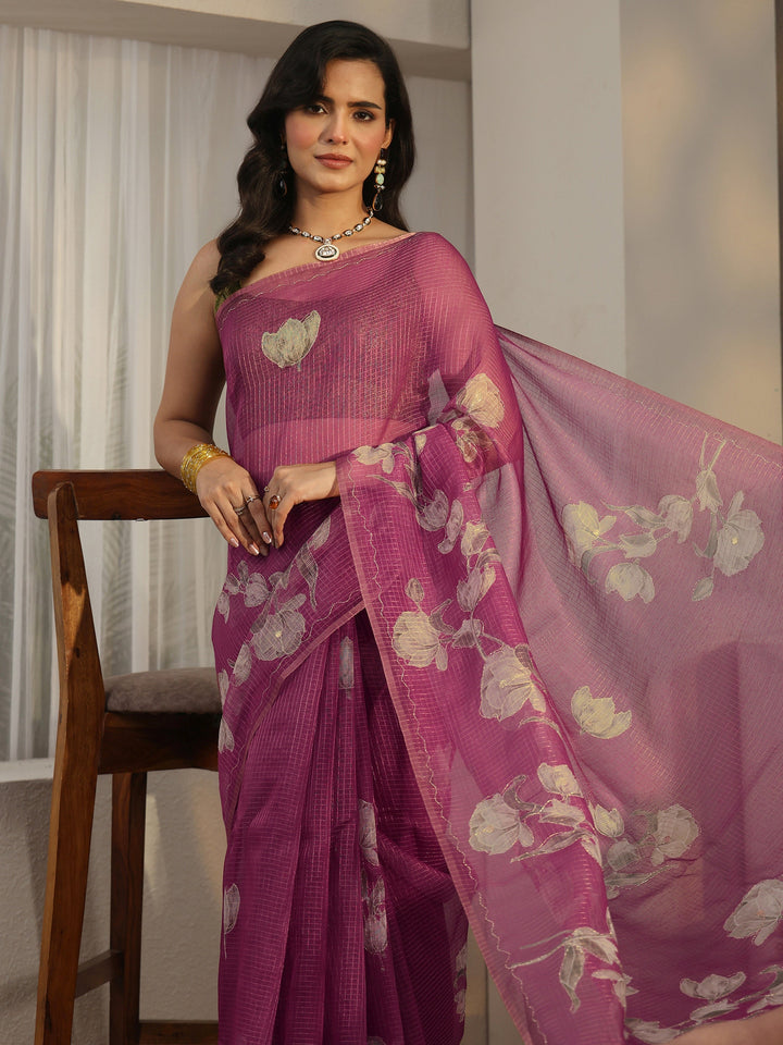 Libas Berry Purple Floral Printed Silk Blend Saree