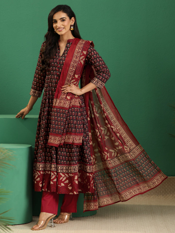 Libas Black Ajrakh Cotton Anarkali Suit Set