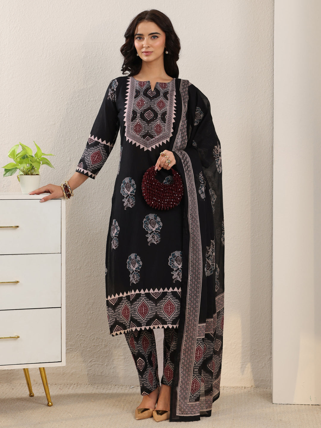 Libas Black Ajrakh Cotton Straight Suit Set