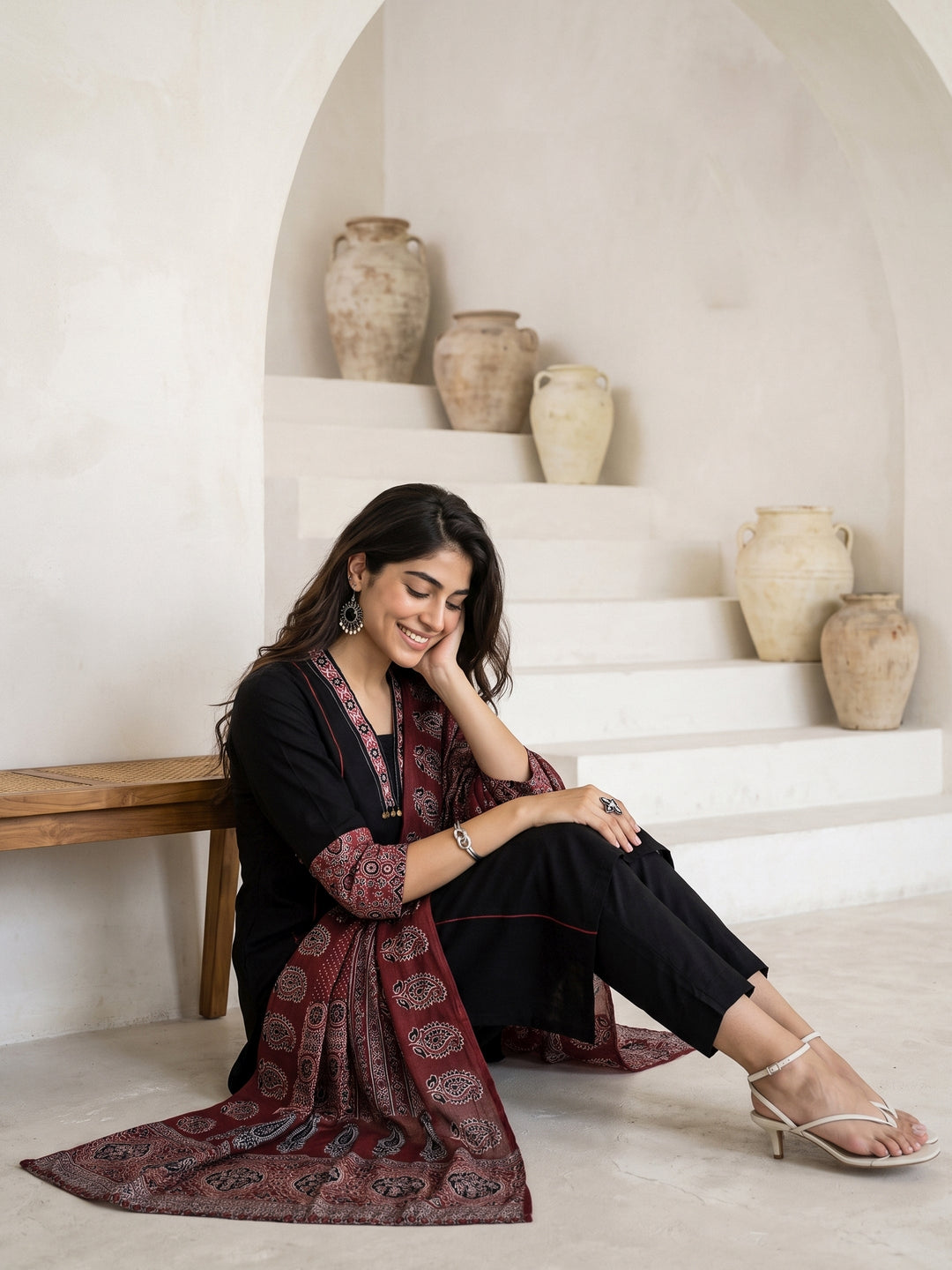 Libas Black Ajrakh Printed Cotton Straight Suit Set