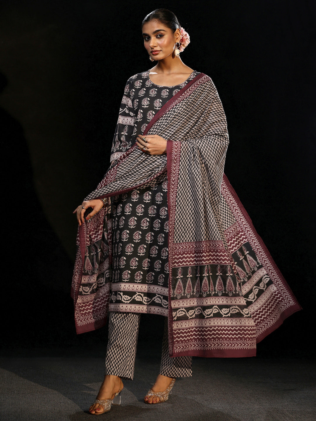 Libas Black Ajrakh Printed Cotton Straight Suit Set
