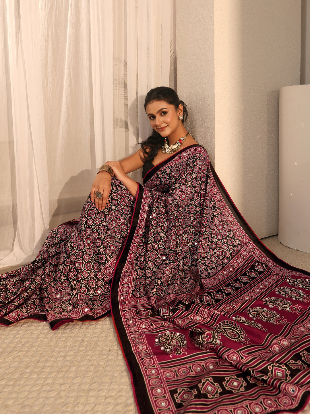 Libas Black Ajrakh Printed Silk Blend Saree