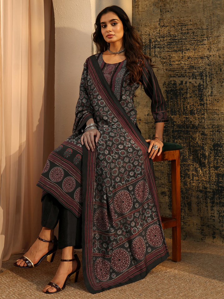 Libas Black Ajrakh Silk Blend Straight Suit Set