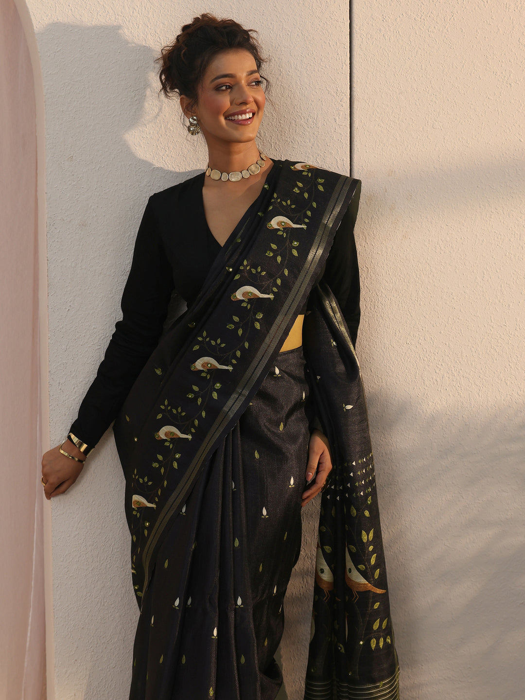 Libas Black Bird Woven Design Pallu Silk Blend Saree