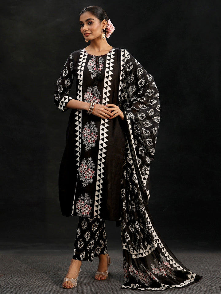 Libas Black Block Print Cotton Straight Suit Set